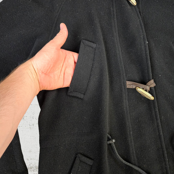 90s Vintage Black Wool Blend Toggle Closure Leather Trim Overcoat Size Medium - Picture 4 of 13